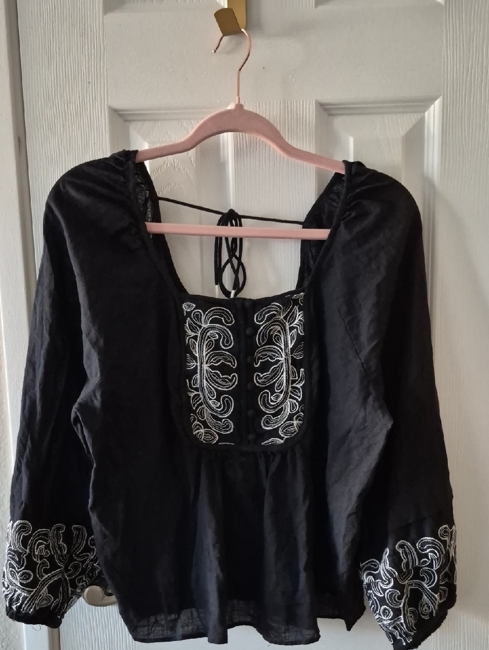 Black Embroidered Peasant Blouse - Women's Boho Top